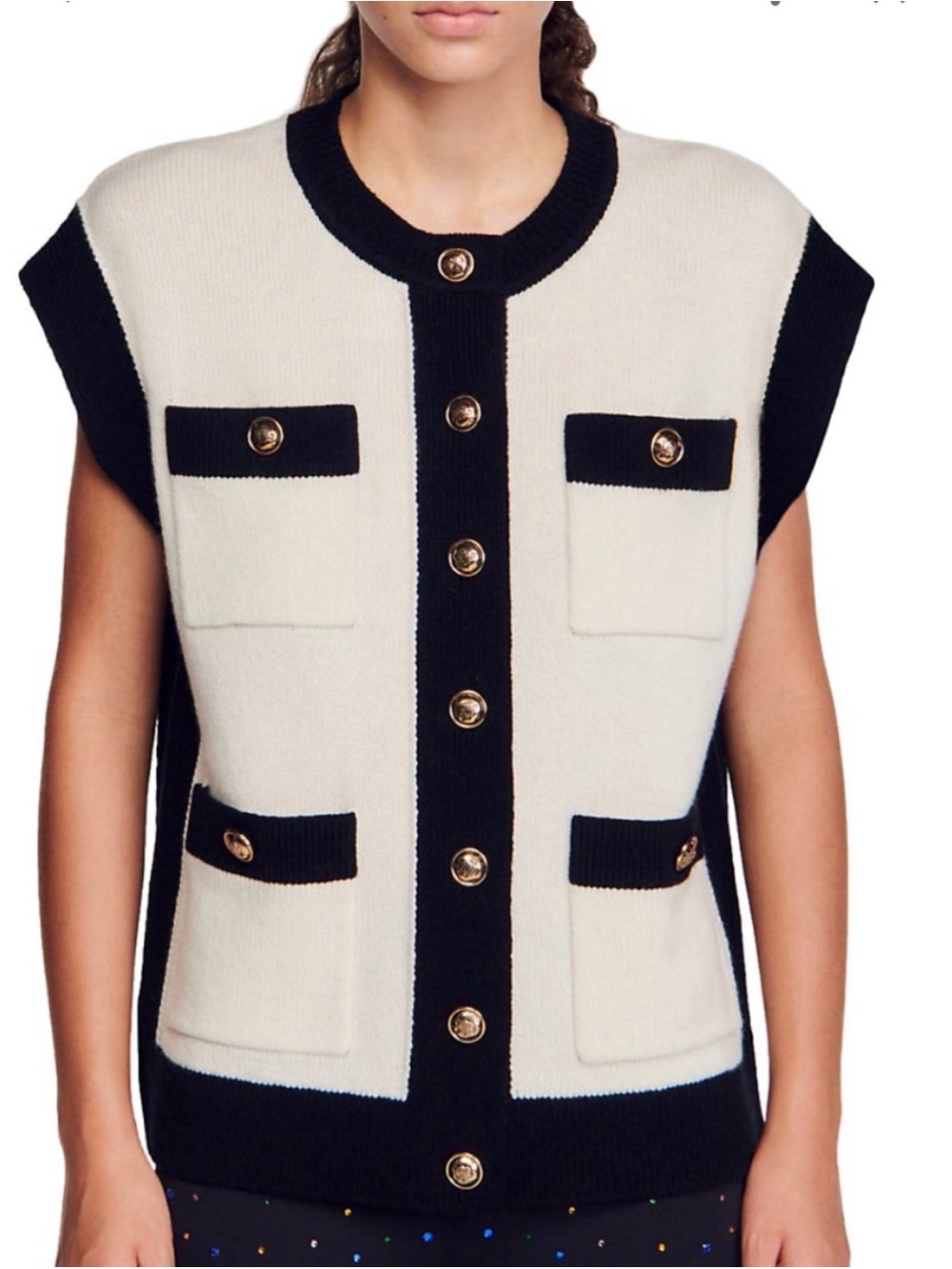 Sandro Black & Cream Knit Button Front Vest
